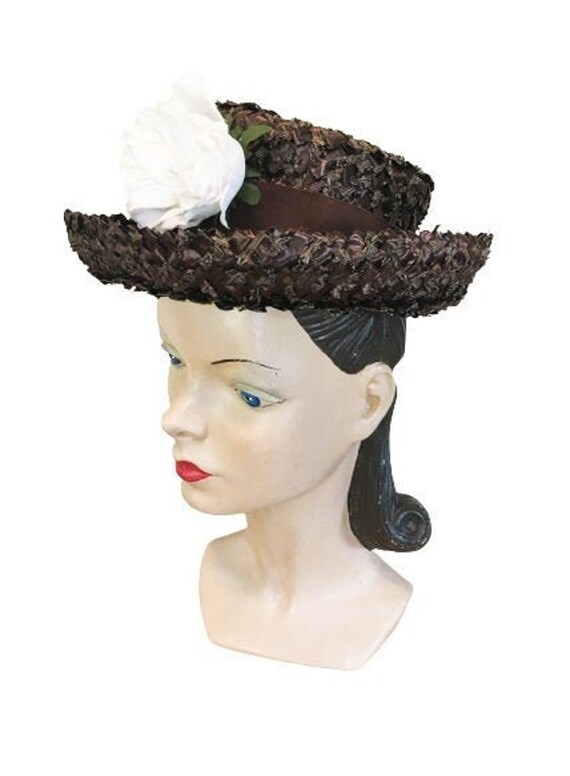 1960s Vintage Hat, Brown Cellophane Straw with La… - image 2