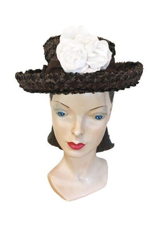 1960s Vintage Brown Cellophane Straw Hat with Larg