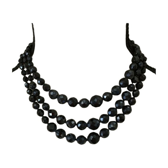 50s 60s Vintage Necklace, Triple Strand Black Gla… - image 1