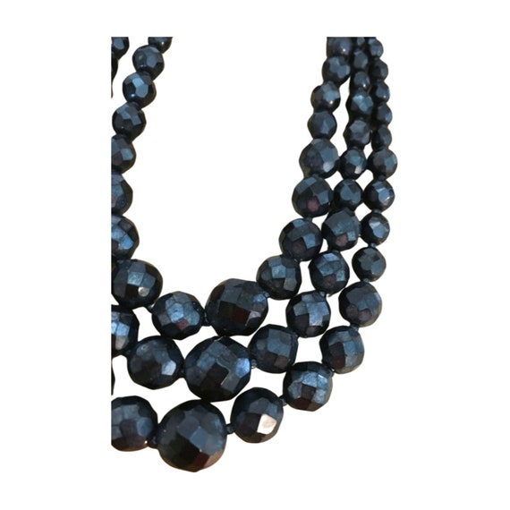 50s 60s Vintage Necklace, Triple Strand Black Gla… - image 2