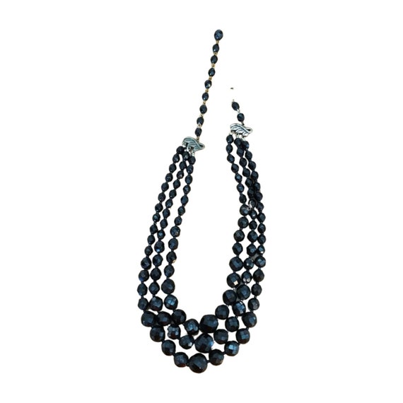 50s 60s Vintage Necklace, Triple Strand Black Gla… - image 3