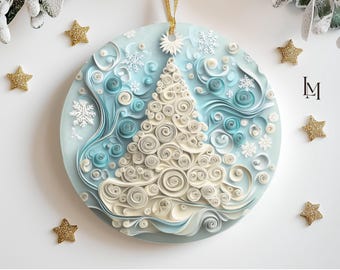 Blue and White Christmas Tree Ornament, Quilling Style Ceramic Winter Keepsake