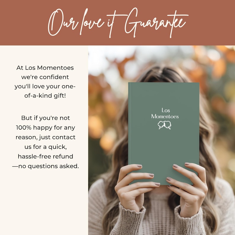 May include: A green book with the text "Los Momentoes" and a logo of two intertwined rings. The image also includes the text "Our love it Guarantee" and a guarantee statement about the product.