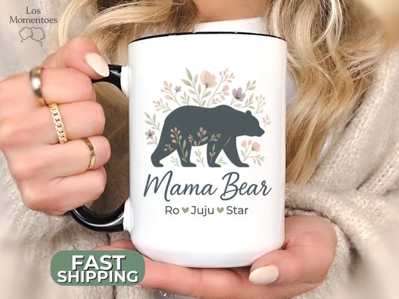 Personalized Mama Bear Mug with Kids' Names, Floral Mom Bear Cup, Cute Mother’s Day Gift, Custom Gift for Mom from Kids, 2025 Coffee Mug