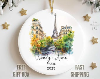Personalized Paris Couple Ornament 2025 – Custom Eiffel Tower Christmas Keepsake, Romantic Vacation or Honeymoon Gift