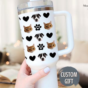Custom Pet Photo Tumbler 40oz, Personalized Dog Face Cup with Handle, Pet Lover Gift, Photo Tumbler for Dog Mom, Cat Dad, or Pet Owner