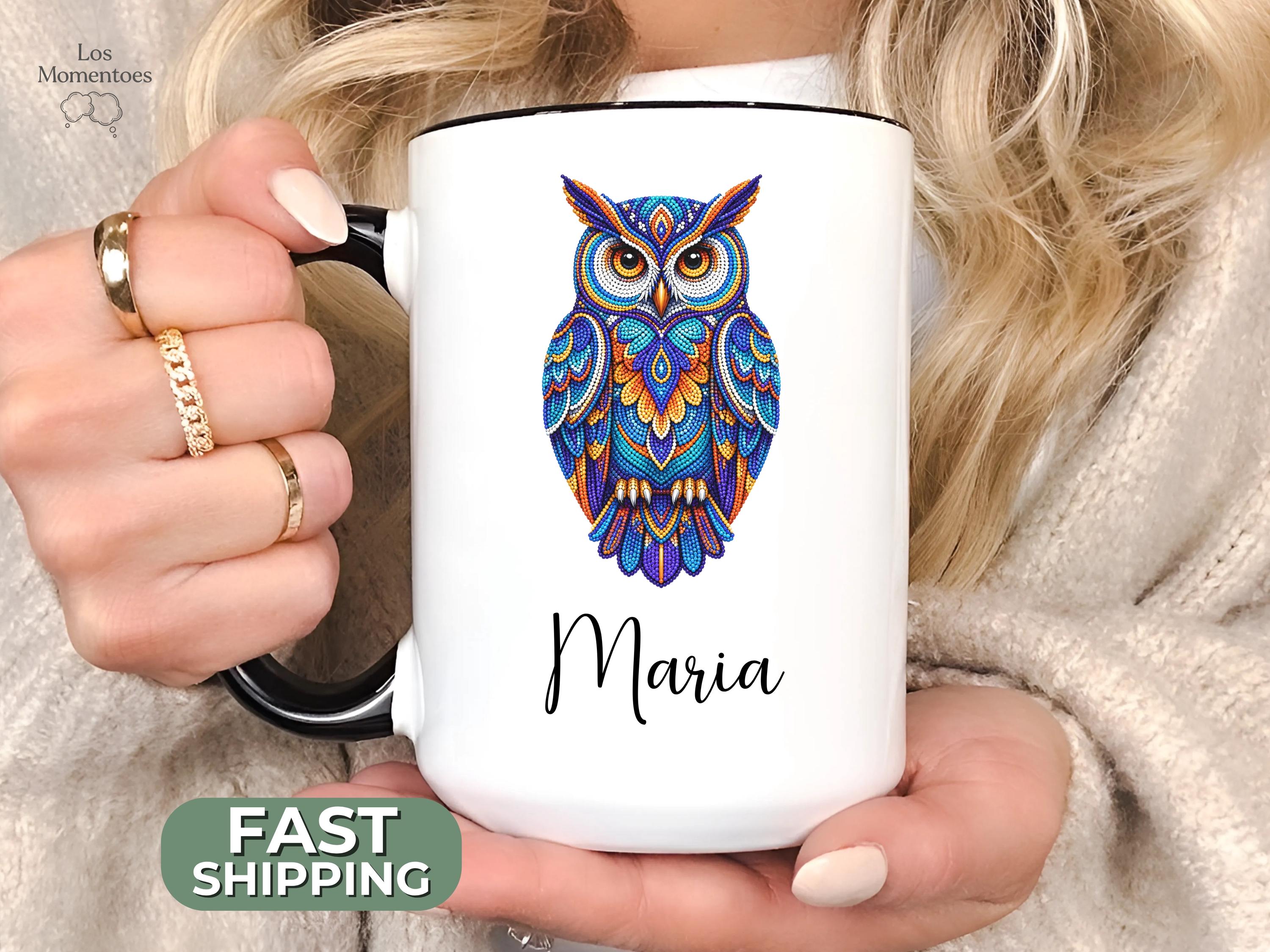 Owl Mug Personalized Artistic Owl Coffee Cup, Owl Lover Gift, Beaded Bird Mug, Custom Name Mug