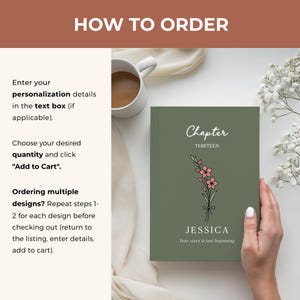 May include: A green journal with the text "Chapter Thirteen" and "Jessica" with a floral illustration. The journal is held by a person's hand. The image also includes instructions on how to order.