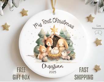 My First Christmas Ornament 2025 Woodland Nativity Baby Ornament, Personalized Keepsake Gift with Animals, Custom Holiday Decoration