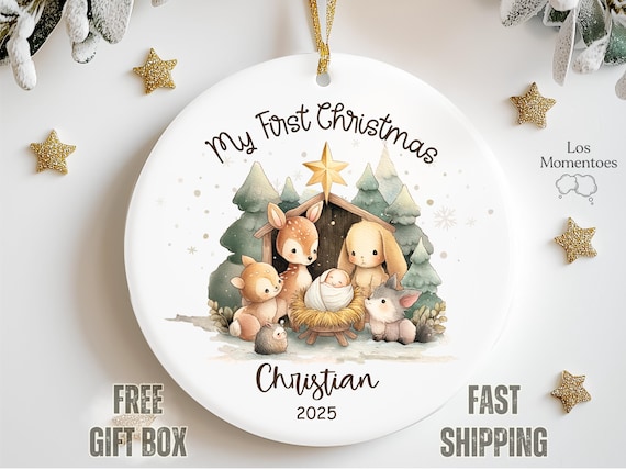 My First Christmas Ornament 2025 Woodland Nativity Baby Ornament, Personalized Keepsake Gift with Animals, Custom Holiday Decoration