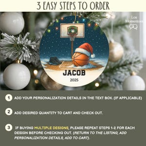 May include: Round Christmas ornament featuring a basketball with a Santa hat, a basketball hoop, and the name "JACOB" with the year "2025". The ornament is set against a snowy winter scene. The text "3 EASY STEPS TO ORDER" is at the top.