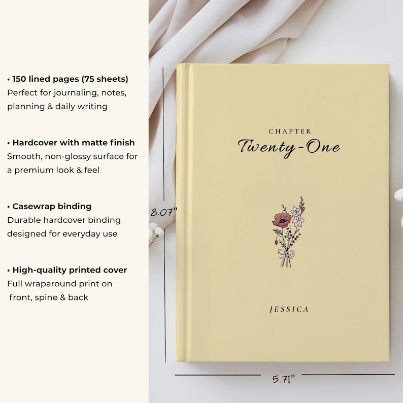 May include: A hardcover journal with a matte finish, measuring 5.71" x 8.07". The cover is light yellow with the text "Chapter Twenty-One" and the name "Jessica". It features a floral design and has 150 lined pages.