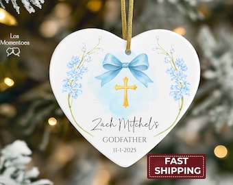 Godfather Ornament Personalized Baptism Keepsake Gift for Godfather, Custom Name Heart Ornament, Christening Thank You Religious Gift