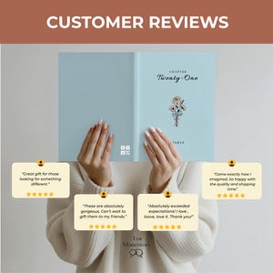 May include: A light blue book cover featuring the text Chapter Twenty-One, a small floral illustration, and the name Maria. The image includes four yellow customer review boxes with five-star ratings and positive feedback text.