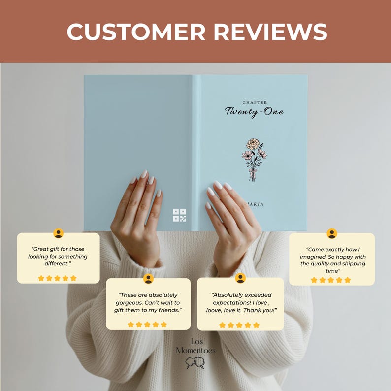 May include: A light blue book cover featuring the text Chapter Twenty-One, a small floral illustration, and the name Maria. The image includes four yellow customer review boxes with five-star ratings and positive feedback text.