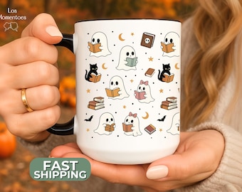 Bookish Halloween Mug – Cute Ghost & Cat Coffee Cup – Spooky Book Lover Gift – Autumn Reading Mug – Fall Witchy Coffee Cup
