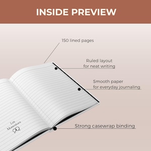 May include: Open notebook with 150 lined pages, a ruled layout, and smooth paper for journaling. The notebook has a strong casewrap binding. The text "INSIDE PREVIEW" is at the top.