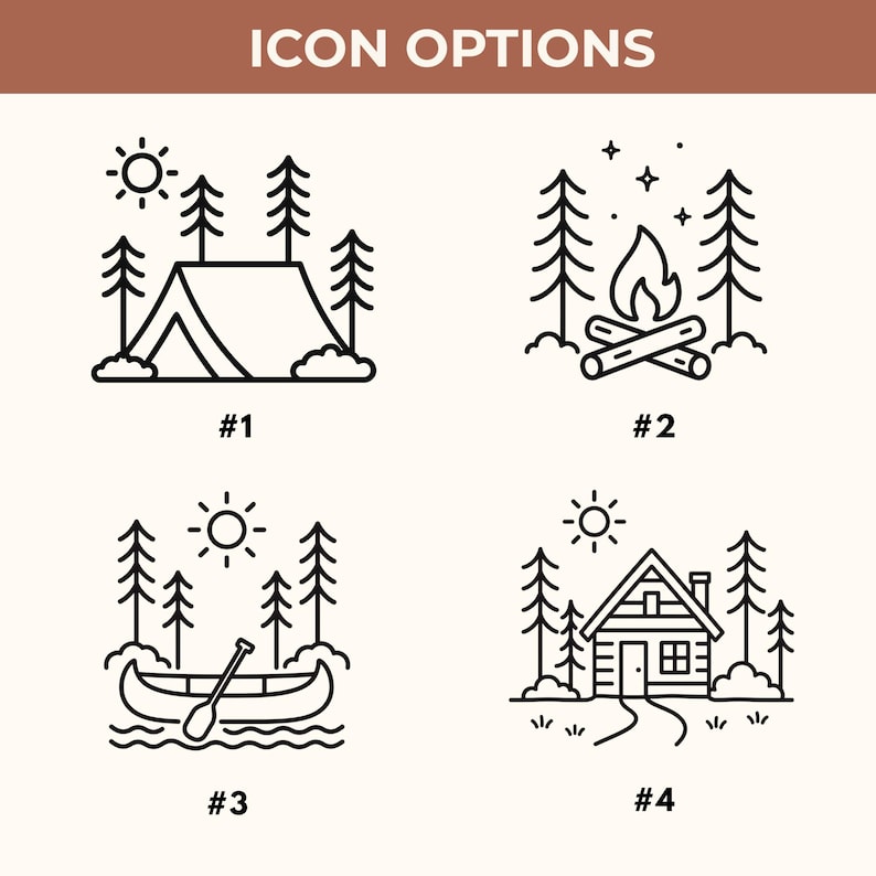 May include: Four black and white camping-themed icon options. The icons include a tent, campfire, canoe, and cabin, each with trees and a sun. The text "ICON OPTIONS" is at the top.