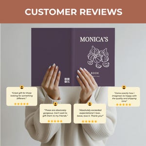 May include: A dark purple book cover with white text reading MONICA'S RECIPE BOOK and a white line drawing of garlic bulbs. The cover features a small white square icon. Four yellow speech bubbles display customer reviews with five-star ratings.