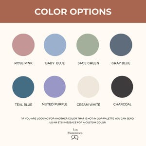 Puede incluir: Imagen que muestra una paleta de colores con ocho c&iacute;rculos de color: rosa, azul beb&eacute;, verde salvia, azul gris&aacute;ceo, azul verdoso, morado apagado, blanco crema y carb&oacute;n. El texto en la parte superior dice "OPCIONES DE COLOR".