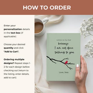 Op de afbeelding: Een saliegroen notitieboek met de titel "Letters to my Dad" met de quote "because I am not done talking to you". Een zwarte tak met een rode vogel staat op de cover. Het notitieboek wordt door een hand vastgehouden.