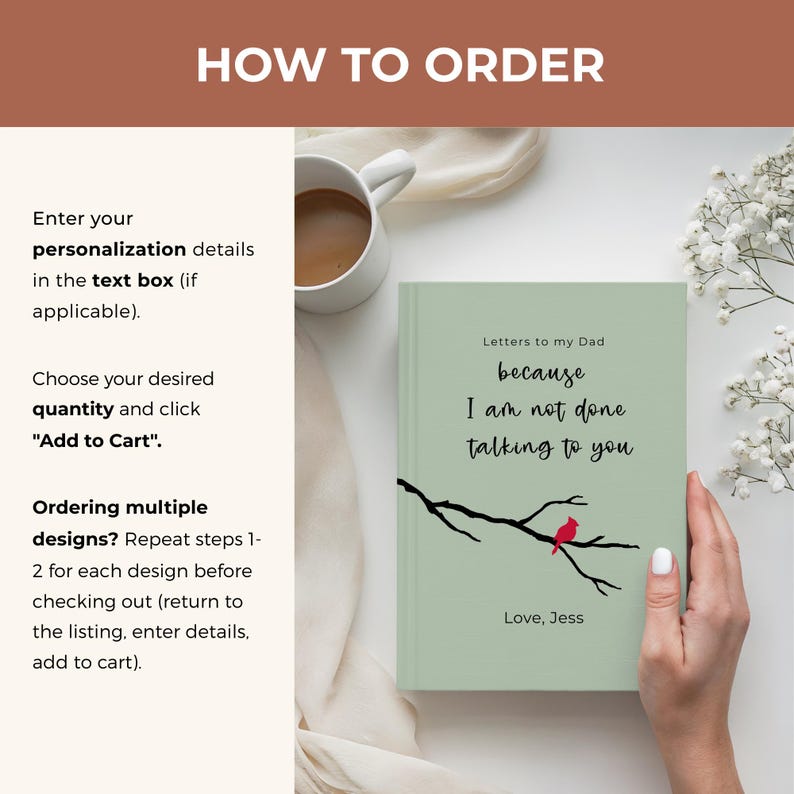 Op de afbeelding: Een saliegroen notitieboek met de titel "Letters to my Dad" met de quote "because I am not done talking to you". Een zwarte tak met een rode vogel staat op de cover. Het notitieboek wordt door een hand vastgehouden.
