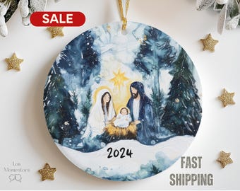 Nativity Scene Ornament– Holy Family Ceramic Christmas Keepsake, Religious Christian Holiday Decor