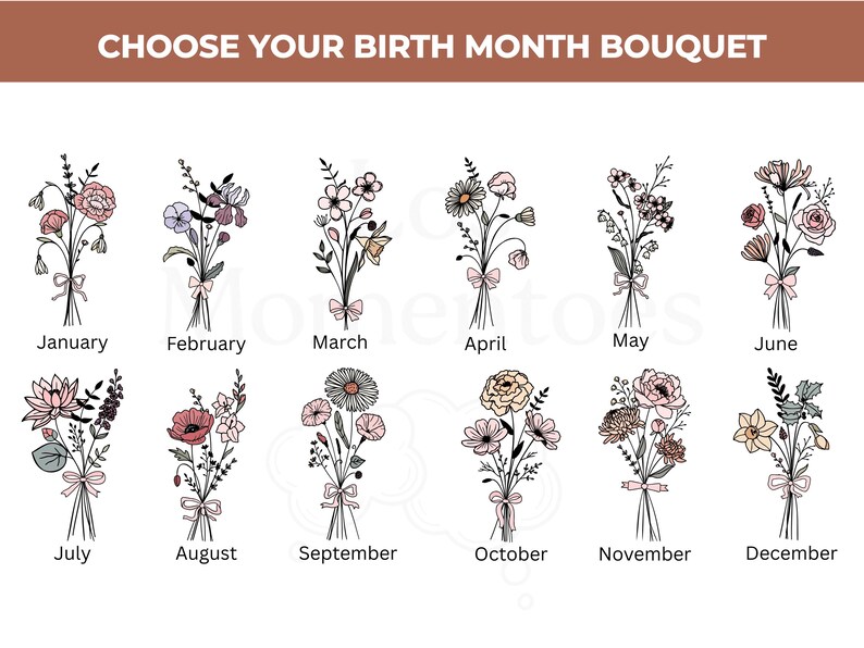 May include: A digital chart titled CHOOSE YOUR BIRTH MONTH BOUQUET featuring twelve distinct floral illustrations, each tied with a small pink ribbon and labeled with a month from January to December in black text.