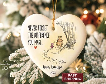 Personalized Thank You Ornament, Difference Maker Christmas Ornament, Teacher or Nurse Appreciation Pooh Bear Heart Retirement Keepsake