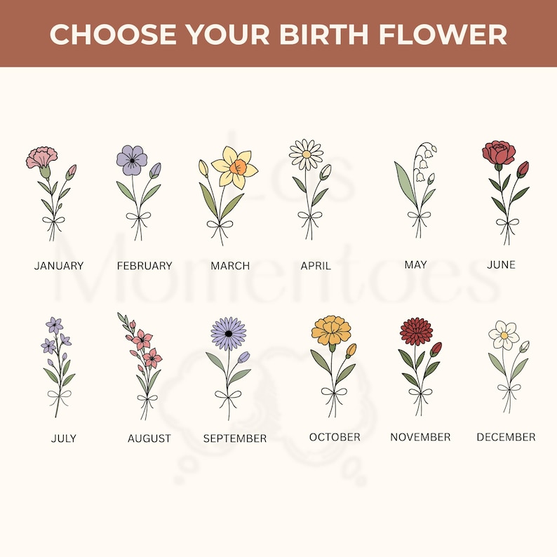 May include: An illustration featuring twelve different birth flowers, each representing a month of the year. The flowers are in various colors, with the month names below each flower. The text "CHOOSE YOUR BIRTH FLOWER" is at the top.
