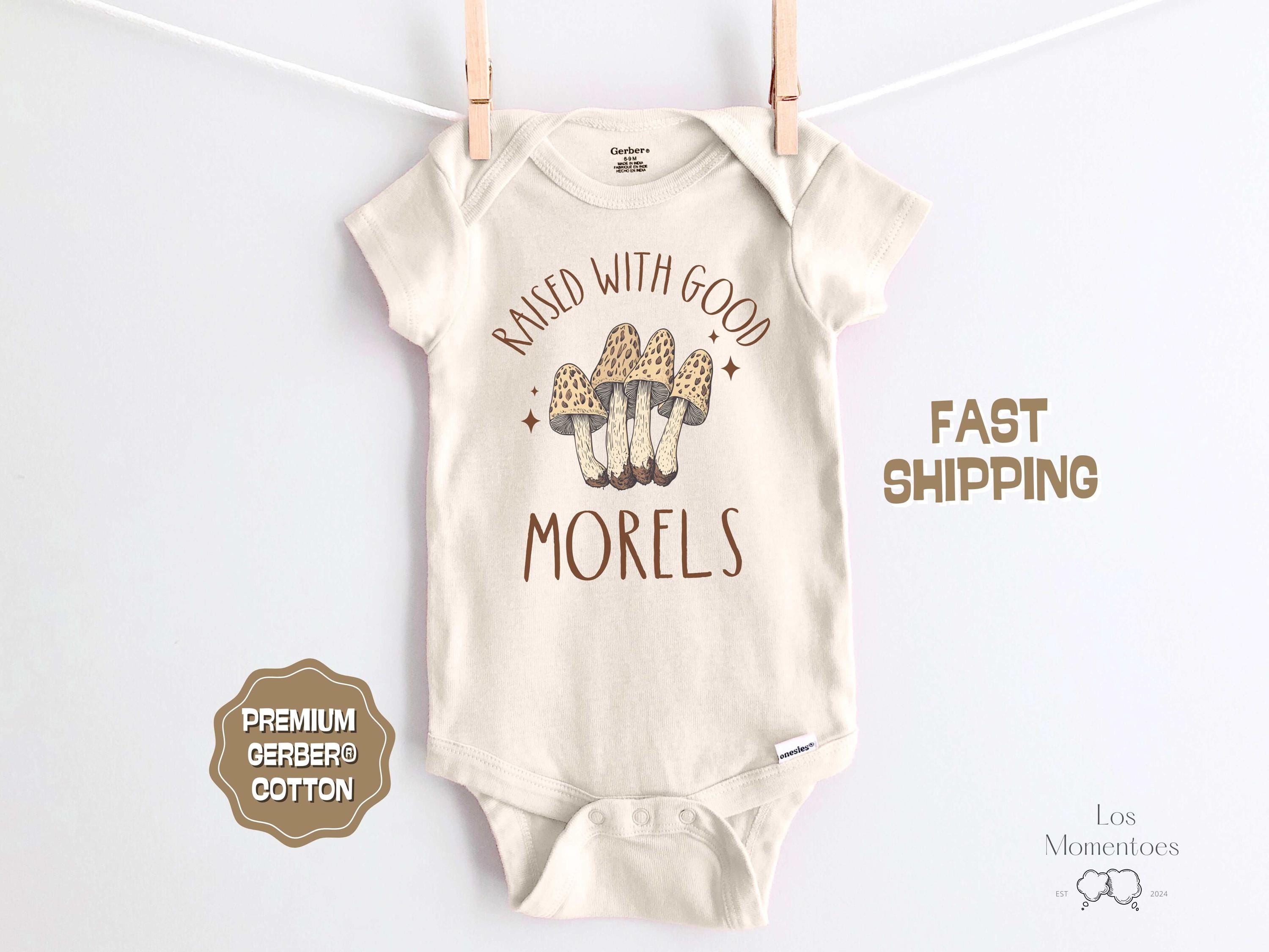 Raised With Good Morels Mushroom Onesie® | Fungi Baby Bodysuit | Forestcore Baby Shower Gift | Natural Woodland Romper for New Mom