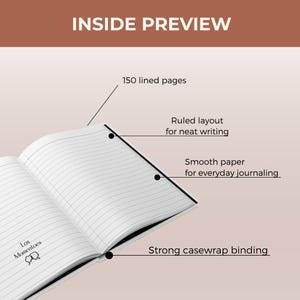 May include: Open notebook with lined pages, featuring the text "Los Momentoes." The notebook has 150 pages, a ruled layout, smooth paper for journaling, and a strong casewrap binding. The words "Inside Preview" are at the top.