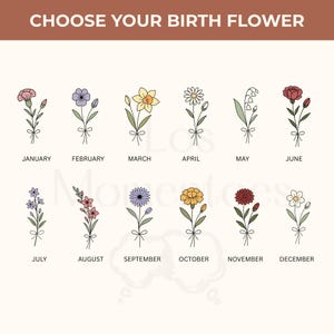 May include: An illustrated guide to birth flowers, with each month represented by a different floral design. The image includes the text "CHOOSE YOUR BIRTH FLOWER" at the top, with each flower labeled with its corresponding month.