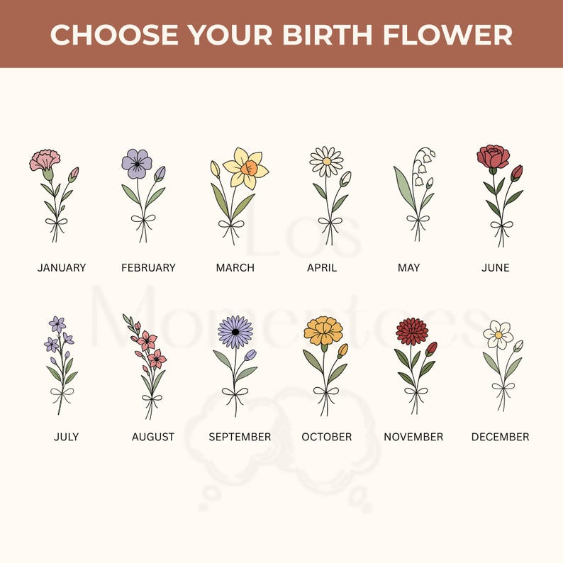 May include: An illustrated guide to birth flowers, with each month represented by a different floral design. The image includes the text "CHOOSE YOUR BIRTH FLOWER" at the top, with each flower labeled with its corresponding month.
