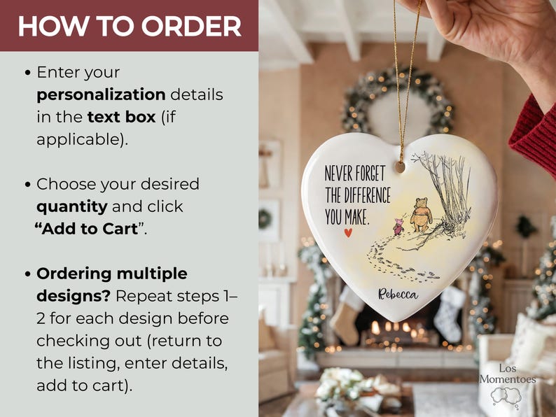 May include: A white heart-shaped ceramic ornament featuring a printed illustration of Winnie the Pooh and Piglet walking on a path. The text reads, "NEVER FORGET THE DIFFERENCE YOU MAKE." and "Rebecca" is printed at the bottom with a small red heart.