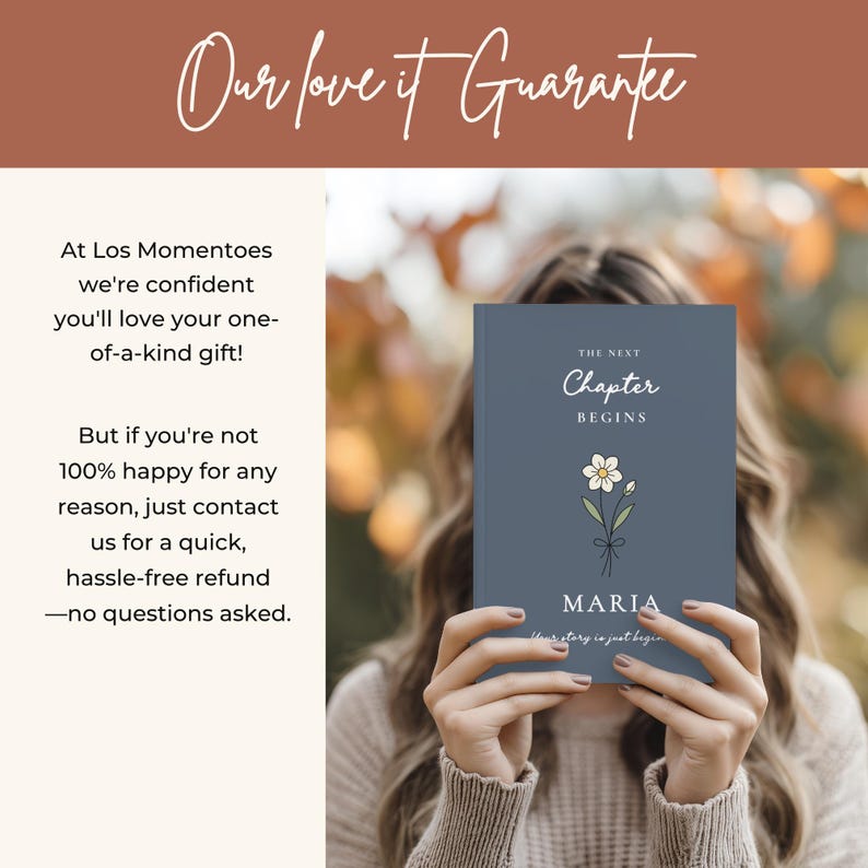 May include: A book cover with the text "The Next Chapter Begins" and the name "Maria". The cover is a muted blue with a floral illustration. The text "Our love it Guarantee" is at the top.