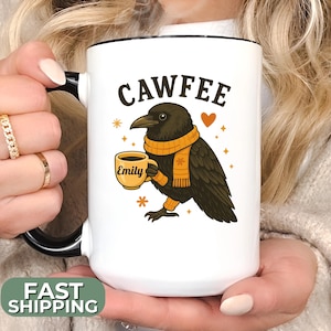 Custom Cawfee Mug – Funny Crow Coffee Cup – Whimsical Bird Lover Gift, Cute Crow Drinking Coffee Mug, Tea or Coffee Lover Present