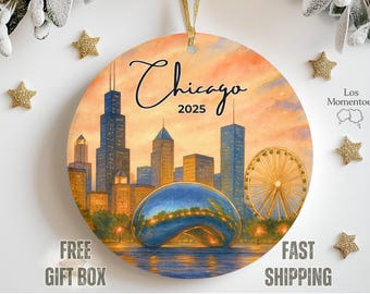 Chicago Christmas Ornament 2025 – Personalized Skyline & The Bean Souvenir, Windy City Holiday Keepsake Gift, Illinois Ornament