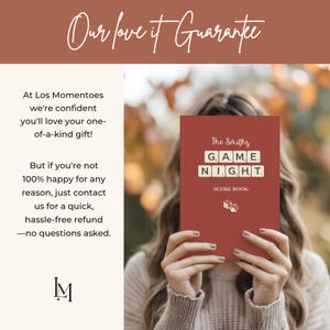 May include: A red rectangular score book with the text The Smiths GAME NIGHT and a small dice icon on the front cover. The cover features letter tiles arranged to spell GAME NIGHT, with the family name The Smiths written in white script above.
