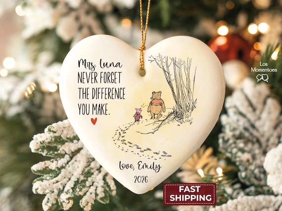 Personalized Thank You Ornament, Difference Maker Christmas Ornament, Teacher or Nurse Appreciation Pooh Bear Heart Retirement Keepsake