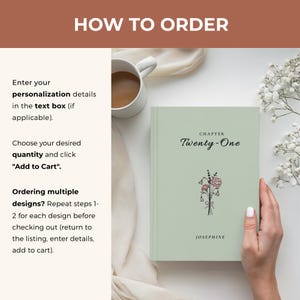 May include: A sage green book with the text "Chapter Twenty-One" and the name "Josephine". The cover features a floral illustration. The image also includes instructions on how to order.