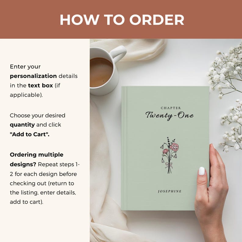 May include: A sage green book with the text "Chapter Twenty-One" and the name "Josephine". The cover features a floral illustration. The image also includes instructions on how to order.