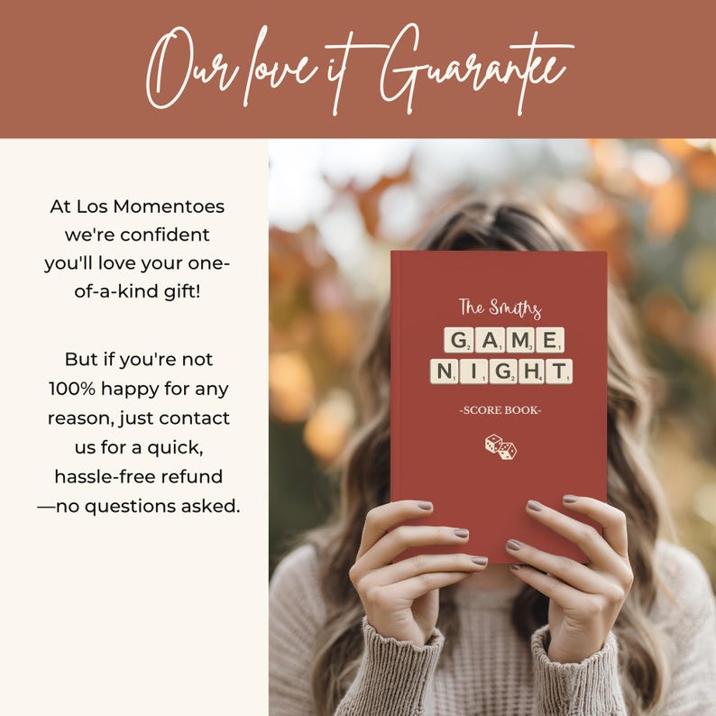 May include: A maroon scorebook titled "The Smiths GAME NIGHT - SCORE BOOK" is held in front of a person. The book's title is in a scrabble tile style. The top of the image reads "Our love it Guarantee".