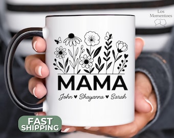 Custom Mama Mug with Kids’ Names – Personalized Mother’s Day Gift, Floral Coffee Cup for Mom, Birthday Gift for Mama, Custom Mom Mug