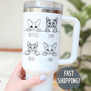 Cat Mom Tumbler 40oz with Handle, Custom Cat Face with Names, Personalized Kitty Coffee Cup, Cat Lover Gift for Her