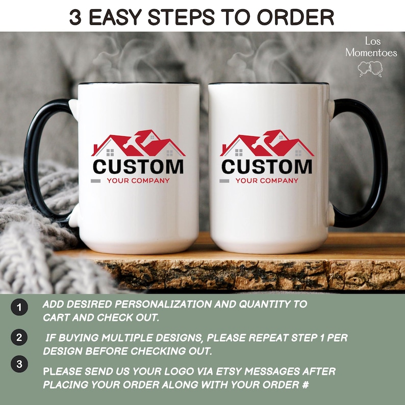 May include: Two white ceramic mugs with black handles and rims. Each mug displays a red and white house logo with the word "CUSTOM" and "YOUR COMPANY" printed below. The image also includes ordering instructions.