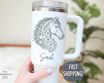 Personalized Floral Horse Tumbler 40oz, Western Cowgirl Cup with Handle Custom Horse Lover Gift, Country or Rodeo Travel Mug