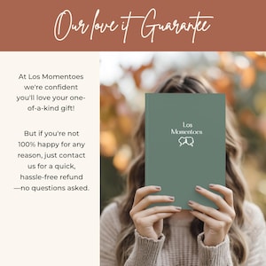 May include: A person holding a green book with the text "Los Momentoes" and a logo. The image has the text "Our love it Guarantee" at the top and other text about a refund policy. The background is blurred with fall colors.