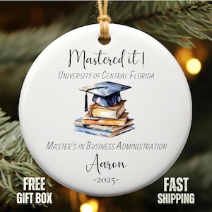 Personalized Master's Degree Graduation Ornament Custom MBA Keepsake Gift for Him or Her 'Mastered It' College Grad Decoration image 1