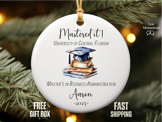 Personalized Master's Degree Graduation Ornament Custom MBA Keepsake Gift for Him or Her 'Mastered It' College Grad Decoration